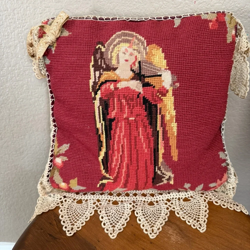 Vintage Needlepoint Angel Pillow Lace Trim 12x12 Romantic Heirloom Decor